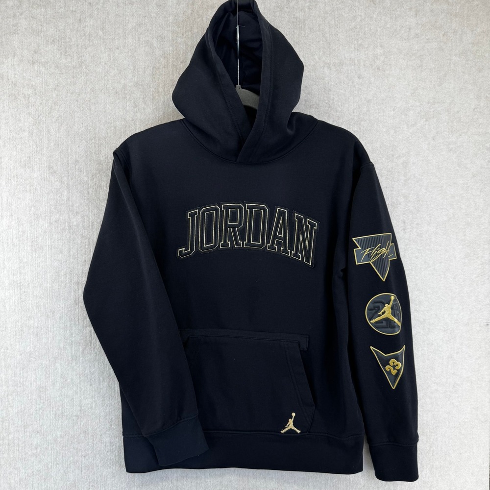 Jordan Boys Large Black Flight Pullover Hoodie Gold Logo Patches Sweatshirt